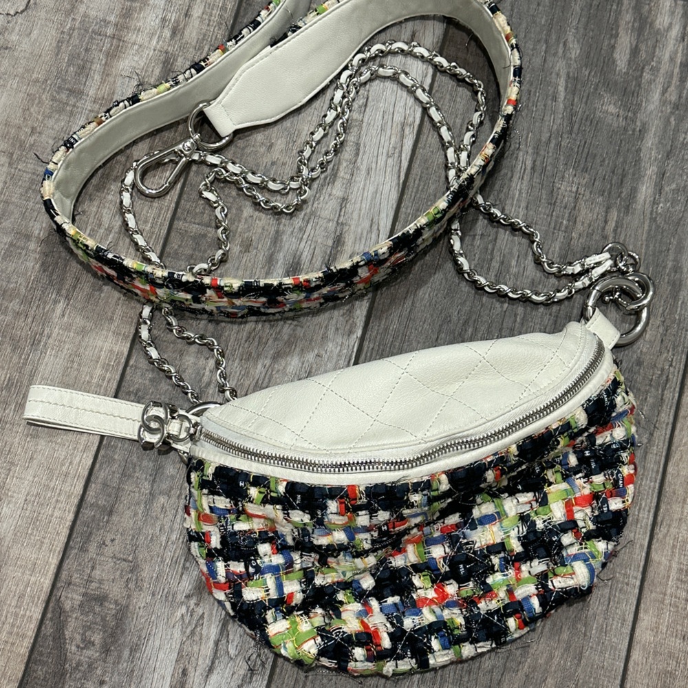CHANEL Colorful Chain Crossbody Bag white tweed